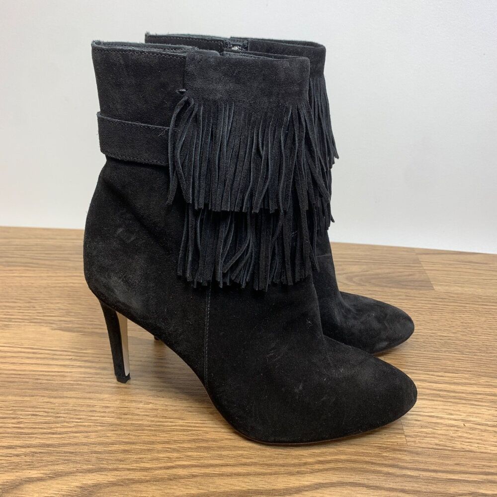 Via Spiga Vesta Black Suede Heel Fringe Boots Bootie Shoes 6.5 M‎